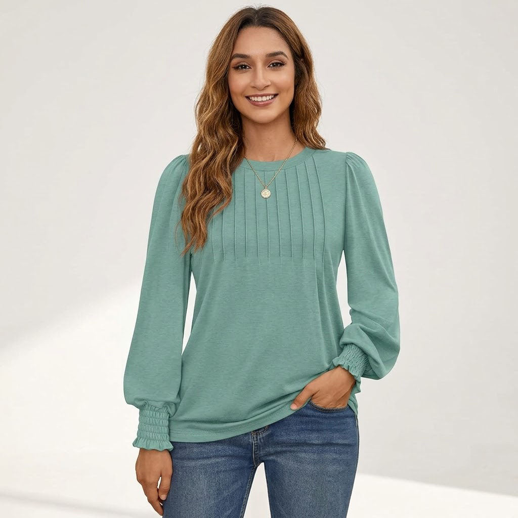 Women's Long Sleeve Shirts, Pleated Front Blouses with Smocked Cuffs, Dressy Casual Business Work Tops, Teacher Outfits