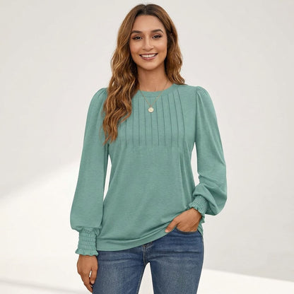 Women's Long Sleeve Shirts, Pleated Front Blouses with Smocked Cuffs, Dressy Casual Business Work Tops, Teacher Outfits