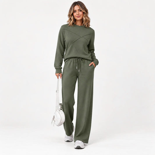 Women's 2 Piece Lounge Sets, Cross Seam Crewneck Sweatshirt and Wide Leg Pants with Pockets, Comfy Fall Travel Sweatsuit