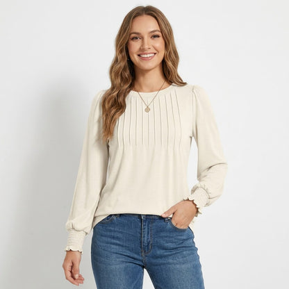 Women's Long Sleeve Shirts, Pleated Front Blouses with Smocked Cuffs, Dressy Casual Business Work Tops, Teacher Outfits