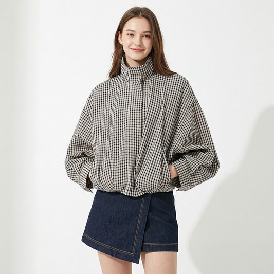 Women's Plaid Bomber Jacket, Stand Collar Full Zip Checkered Coat with Pockets, Casual Oversized Fall Spring Outerwear