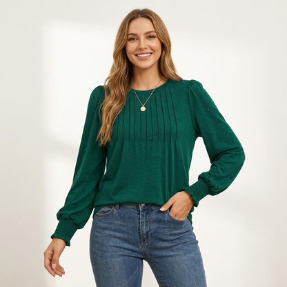 Women's Long Sleeve Shirts, Pleated Front Blouses with Smocked Cuffs, Dressy Casual Business Work Tops, Teacher Outfits