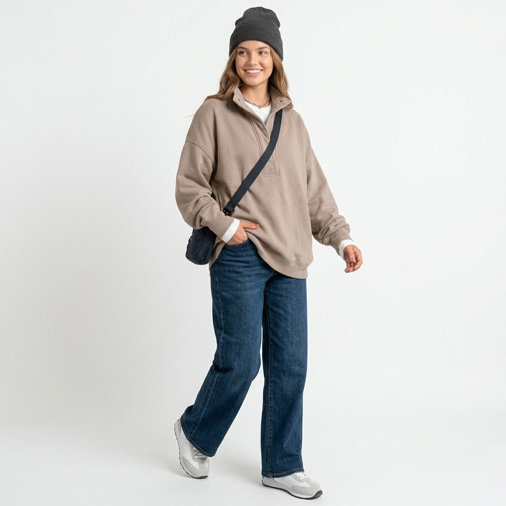 Women's Oversized Henley Sweatshirt, Quilted Placket Pullover Top, Soft Long Sleeve Fall Winter Fashion Outfits Clothes
