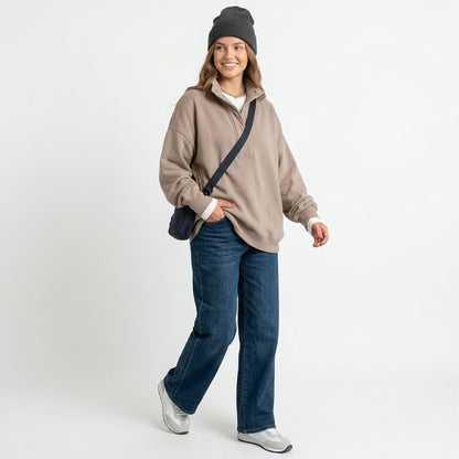 Women's Oversized Henley Sweatshirt, Quilted Placket Pullover Top, Soft Long Sleeve Fall Winter Fashion Outfits Clothes