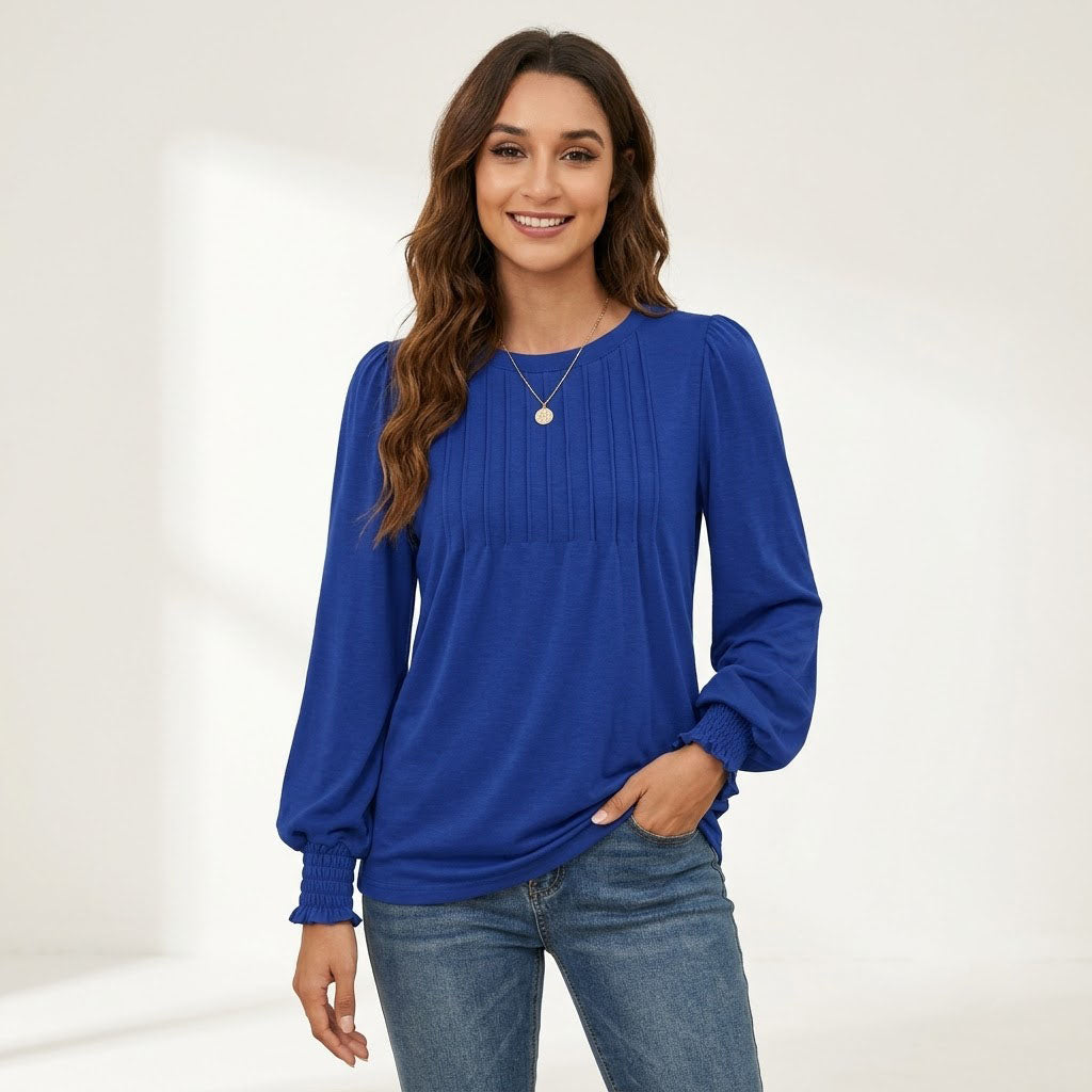 Women's Long Sleeve Shirts, Pleated Front Blouses with Smocked Cuffs, Dressy Casual Business Work Tops, Teacher Outfits