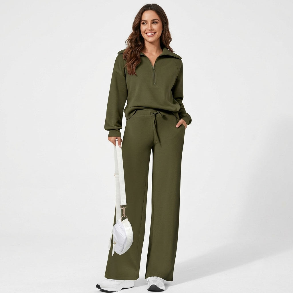 Women's 2 Piece Lounge Sets, Half Zip Sweatshirt and Wide Leg Pants with Pockets, Comfy Fall Sweatsuit Airport Travel Outfits