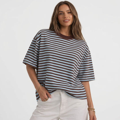 Women's Oversized Striped T-Shirt, Short Sleeve Crewneck Summer Tops, Casual Loose Fit Trendy Contrast Everyday Clothes