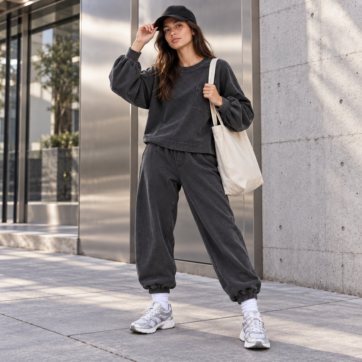 Women's 2 Piece Lounge Sets, Washed Cotton Balloon Sleeve Sweatshirt and Baggy Harem Joggers with Pockets, Fall Outfits