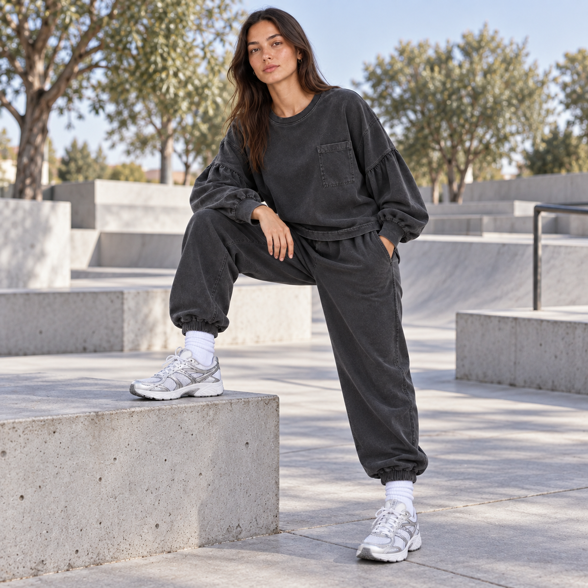 Women's 2 Piece Lounge Sets, Washed Cotton Balloon Sleeve Sweatshirt and Baggy Harem Joggers with Pockets, Fall Outfits