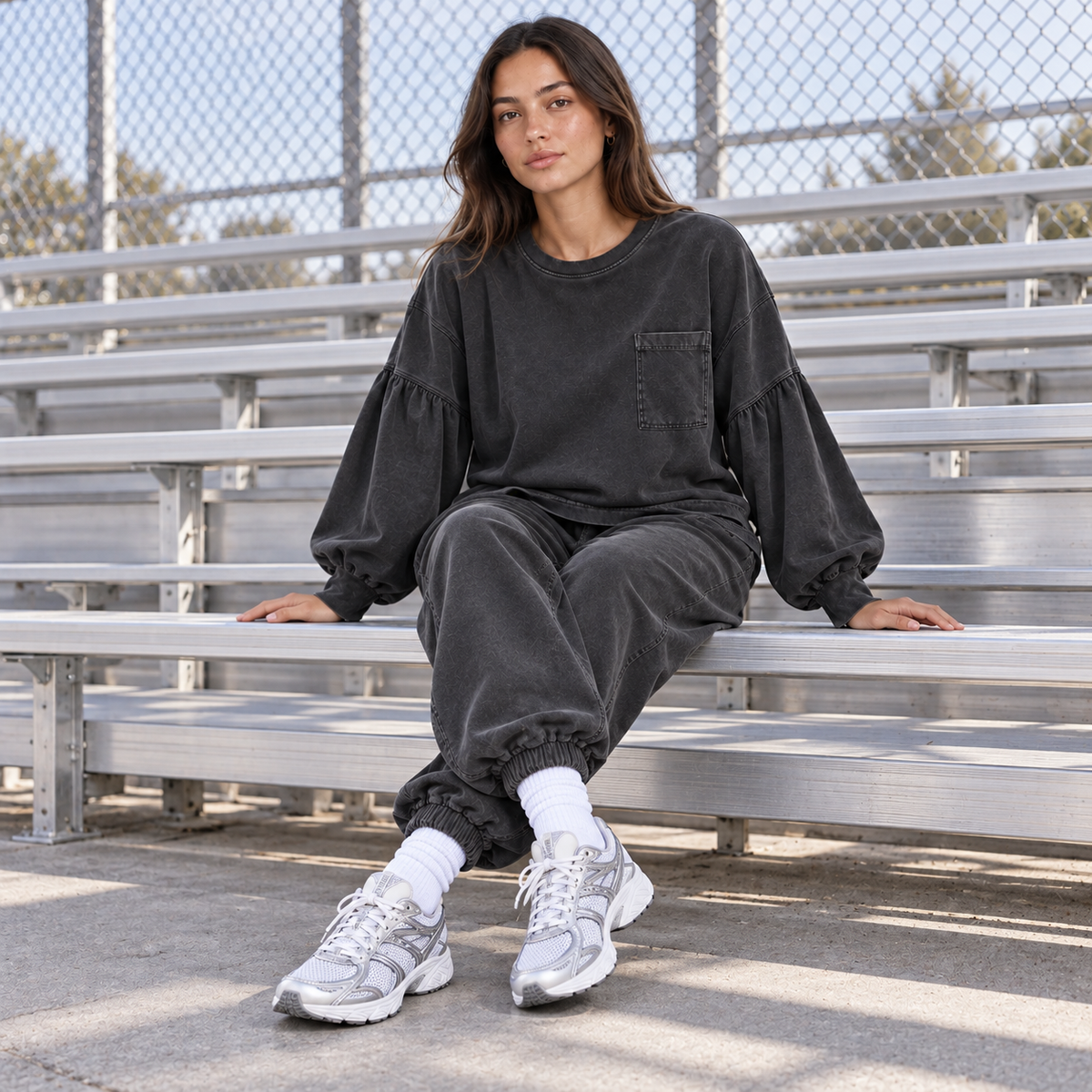 Women's 2 Piece Lounge Sets, Washed Cotton Balloon Sleeve Sweatshirt and Baggy Harem Joggers with Pockets, Fall Outfits
