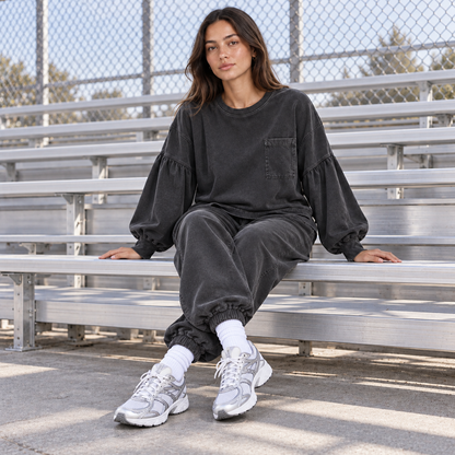 Women's 2 Piece Lounge Sets, Washed Cotton Balloon Sleeve Sweatshirt and Baggy Harem Joggers with Pockets, Fall Outfits
