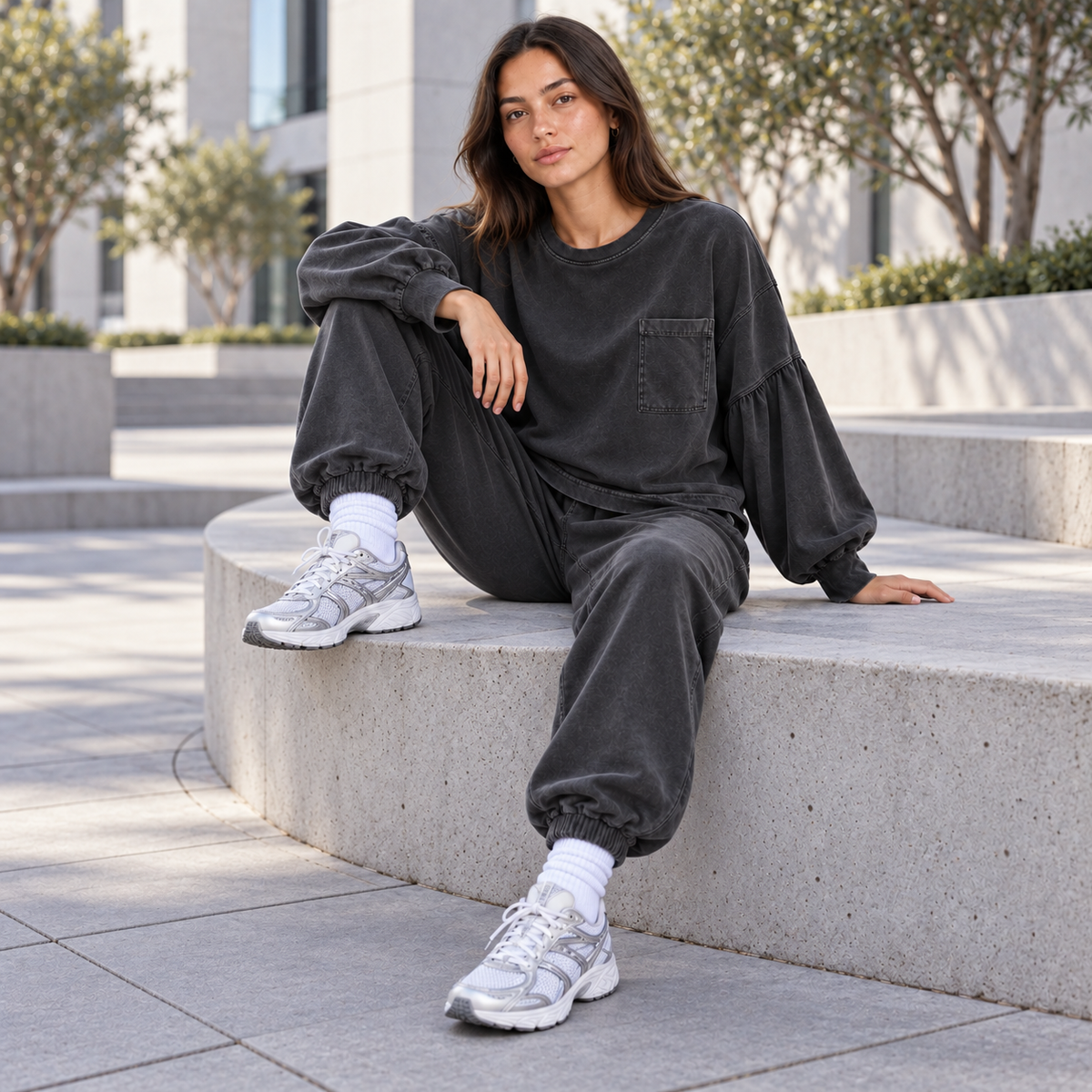 Women's 2 Piece Lounge Sets, Washed Cotton Balloon Sleeve Sweatshirt and Baggy Harem Joggers with Pockets, Fall Outfits