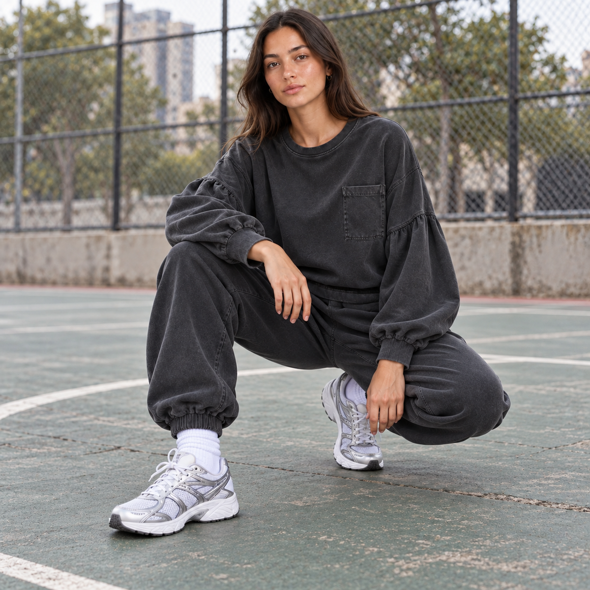 Women's 2 Piece Lounge Sets, Washed Cotton Balloon Sleeve Sweatshirt and Baggy Harem Joggers with Pockets, Fall Outfits