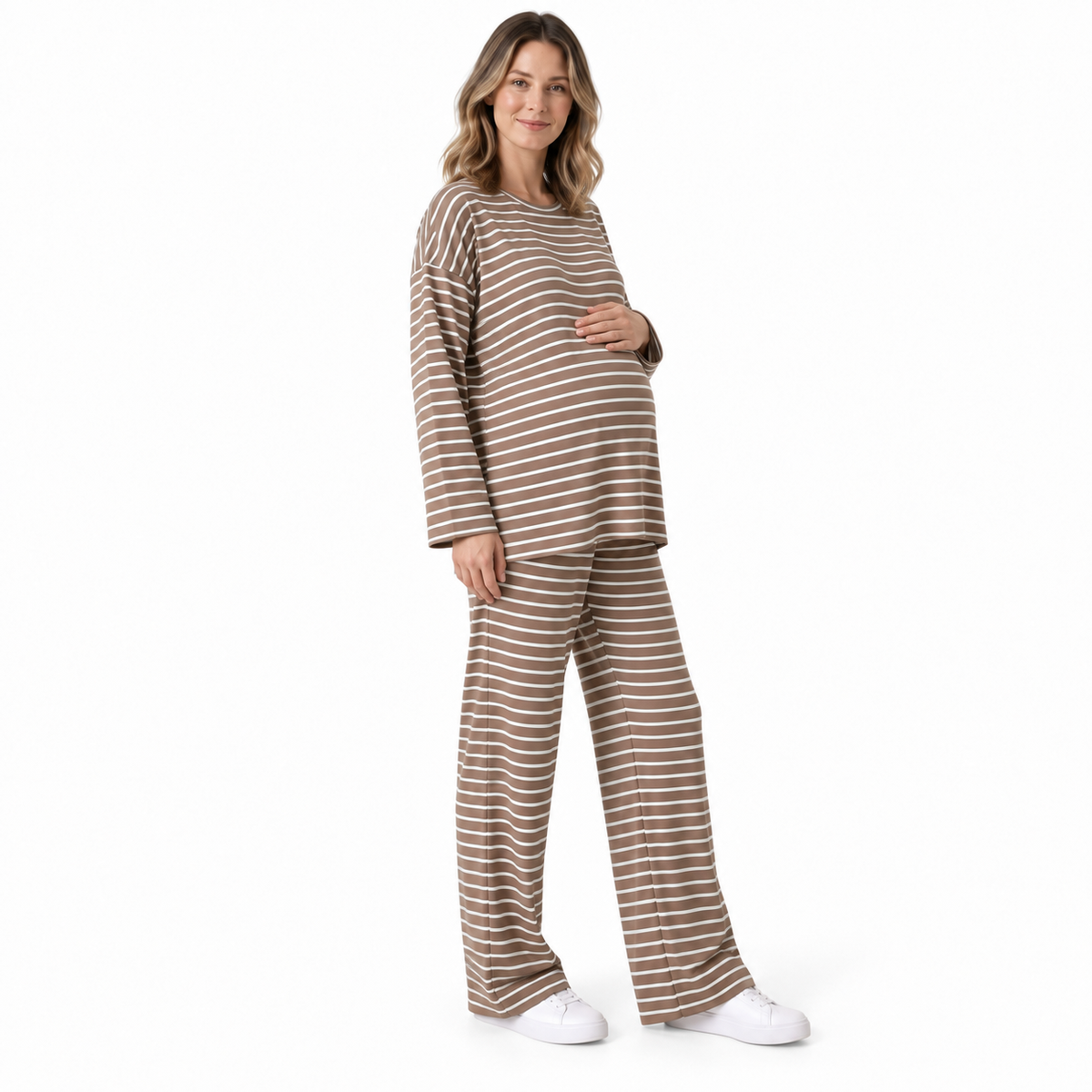 Maternity 2 Piece Outfits, Striped Long Sleeve Tops and Wide Leg Pants with Pockets, Comfy Pregnancy Lounge Sets Postpartum Clothes