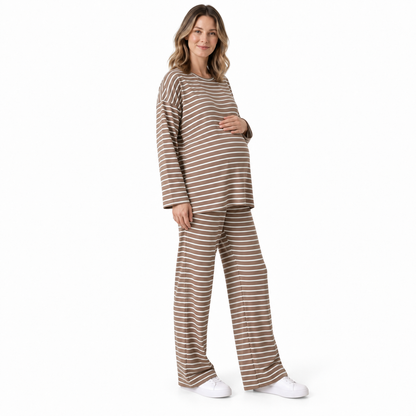Maternity 2 Piece Outfits, Striped Long Sleeve Tops and Wide Leg Pants with Pockets, Comfy Pregnancy Lounge Sets Postpartum Clothes