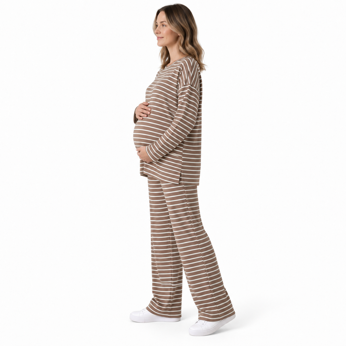Maternity 2 Piece Outfits, Striped Long Sleeve Tops and Wide Leg Pants with Pockets, Comfy Pregnancy Lounge Sets Postpartum Clothes