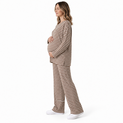 Maternity 2 Piece Outfits, Striped Long Sleeve Tops and Wide Leg Pants with Pockets, Comfy Pregnancy Lounge Sets Postpartum Clothes