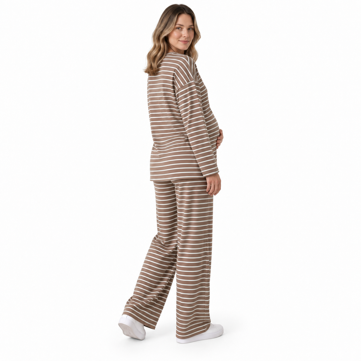 Maternity 2 Piece Outfits, Striped Long Sleeve Tops and Wide Leg Pants with Pockets, Comfy Pregnancy Lounge Sets Postpartum Clothes