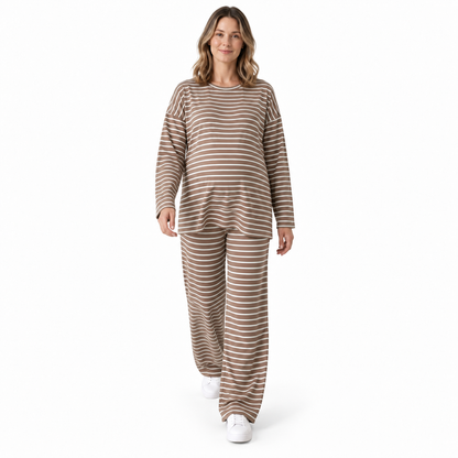 Maternity 2 Piece Outfits, Striped Long Sleeve Tops and Wide Leg Pants with Pockets, Comfy Pregnancy Lounge Sets Postpartum Clothes