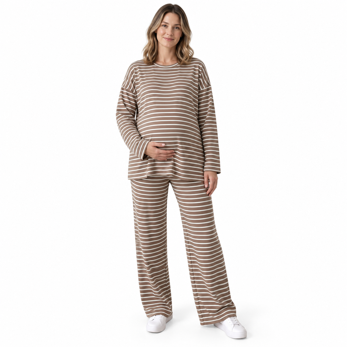 Maternity 2 Piece Outfits, Striped Long Sleeve Tops and Wide Leg Pants with Pockets, Comfy Pregnancy Lounge Sets Postpartum Clothes