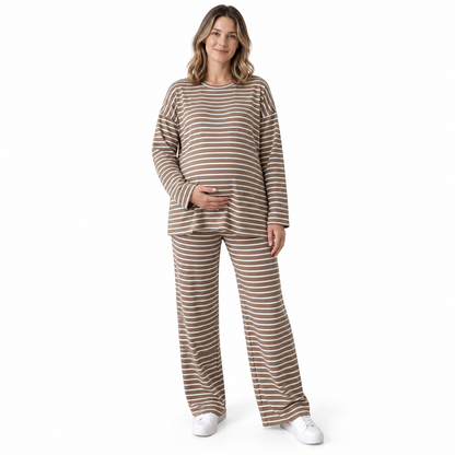 Maternity 2 Piece Outfits, Striped Long Sleeve Tops and Wide Leg Pants with Pockets, Comfy Pregnancy Lounge Sets Postpartum Clothes