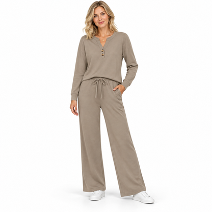 Women's 2 Piece Lounge Sets, Long Sleeve Henley Top and Wide Leg Pants with Pockets, Comfy Fall Sweatsuit Airport Travel Outfits