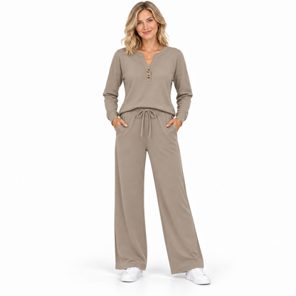 Women's 2 Piece Lounge Sets, Long Sleeve Henley Top and Wide Leg Pants with Pockets, Comfy Fall Sweatsuit Airport Travel Outfits
