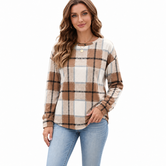 Women's Plaid Crew Neck Sweatshirt, Long Sleeve Pullover Tops, Casual Loose Fit Soft Fall Outfits Clothes