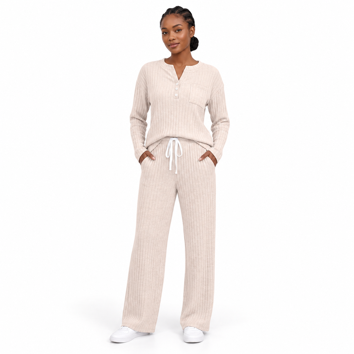Women's 2 Piece Lounge Sets, Ribbed Knit Henley Top and Wide Leg Pants with Pockets, Comfy Fall Sweatsuit Airport Travel Outfits