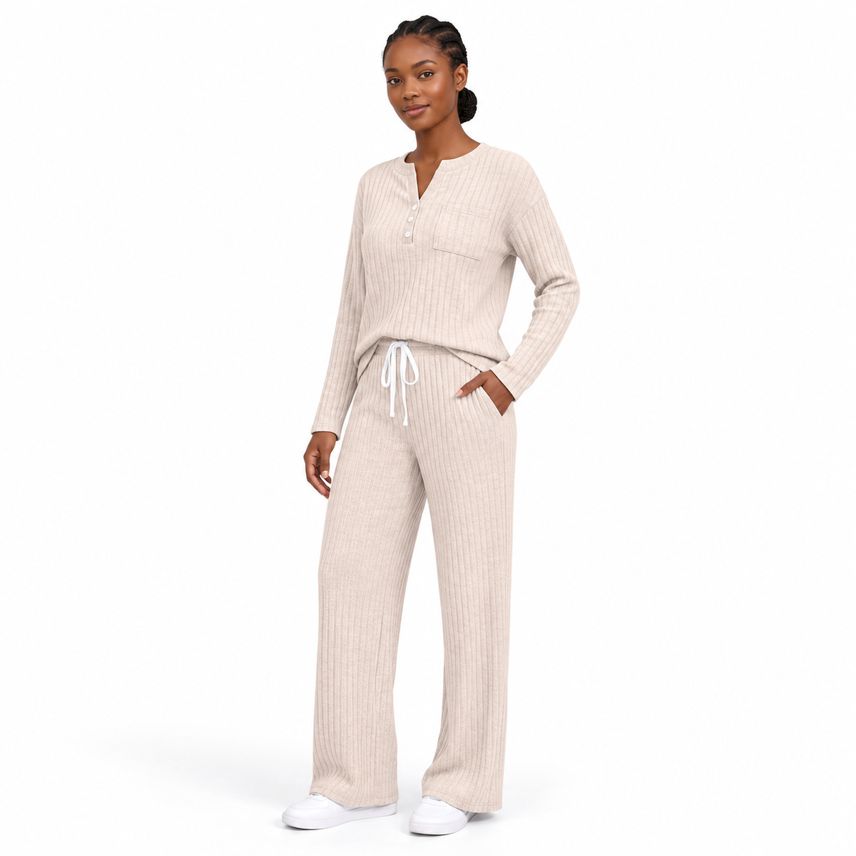 Women's 2 Piece Lounge Sets, Ribbed Knit Henley Top and Wide Leg Pants with Pockets, Comfy Fall Sweatsuit Airport Travel Outfits