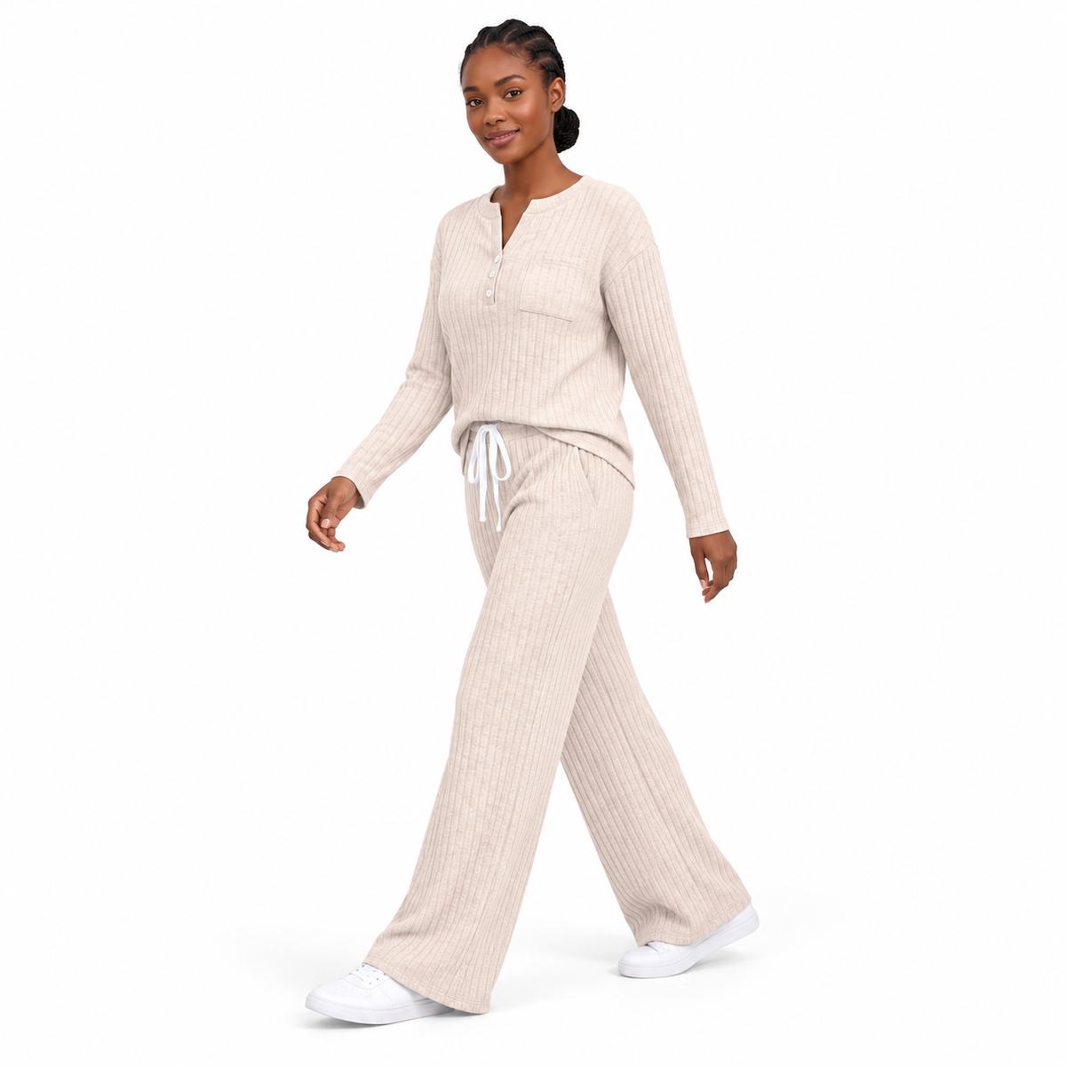 Women's 2 Piece Lounge Sets, Ribbed Knit Henley Top and Wide Leg Pants with Pockets, Comfy Fall Sweatsuit Airport Travel Outfits