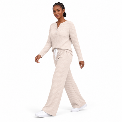 Women's 2 Piece Lounge Sets, Ribbed Knit Henley Top and Wide Leg Pants with Pockets, Comfy Fall Sweatsuit Airport Travel Outfits