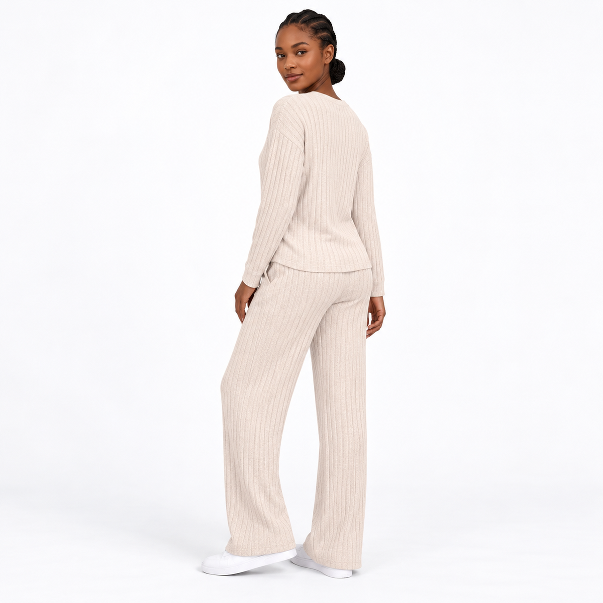Women's 2 Piece Lounge Sets, Ribbed Knit Henley Top and Wide Leg Pants with Pockets, Comfy Fall Sweatsuit Airport Travel Outfits