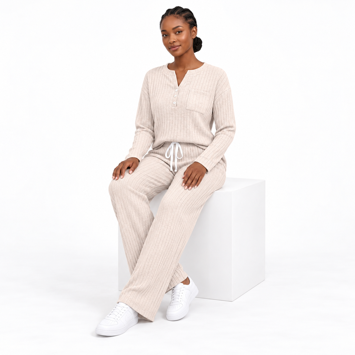 Women's 2 Piece Lounge Sets, Ribbed Knit Henley Top and Wide Leg Pants with Pockets, Comfy Fall Sweatsuit Airport Travel Outfits