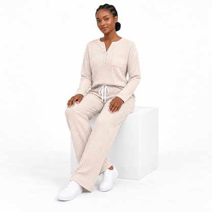 Women's 2 Piece Lounge Sets, Ribbed Knit Henley Top and Wide Leg Pants with Pockets, Comfy Fall Sweatsuit Airport Travel Outfits