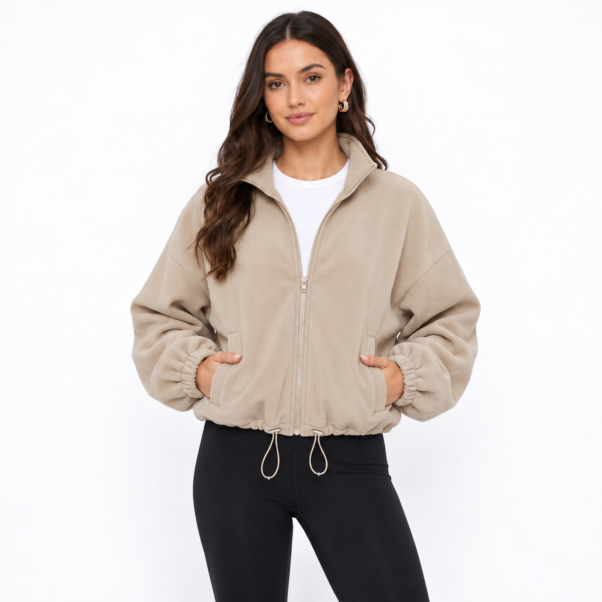 Women's Cropped Fleece Jacket, Full Zip Stand Collar Sweatshirts with Pockets, Drawstring Hem Casual Fall Athletic Outfits