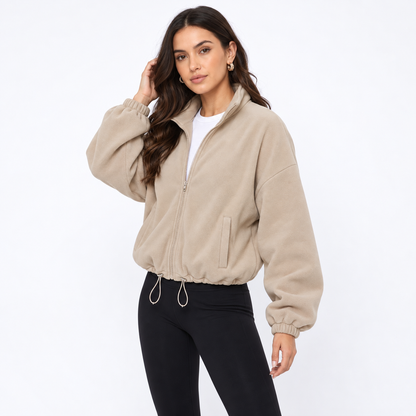 Women's Cropped Fleece Jacket, Full Zip Stand Collar Sweatshirts with Pockets, Drawstring Hem Casual Fall Athletic Outfits