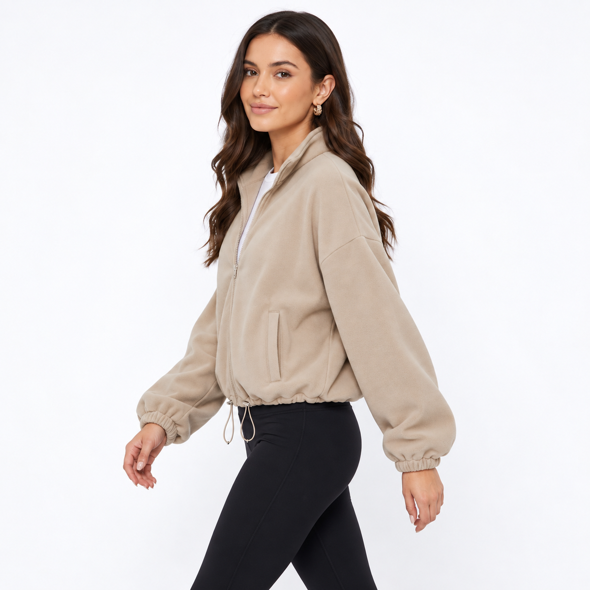 Women's Cropped Fleece Jacket, Full Zip Stand Collar Sweatshirts with Pockets, Drawstring Hem Casual Fall Athletic Outfits