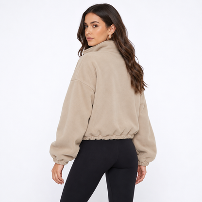 Women's Cropped Fleece Jacket, Full Zip Stand Collar Sweatshirts with Pockets, Drawstring Hem Casual Fall Athletic Outfits
