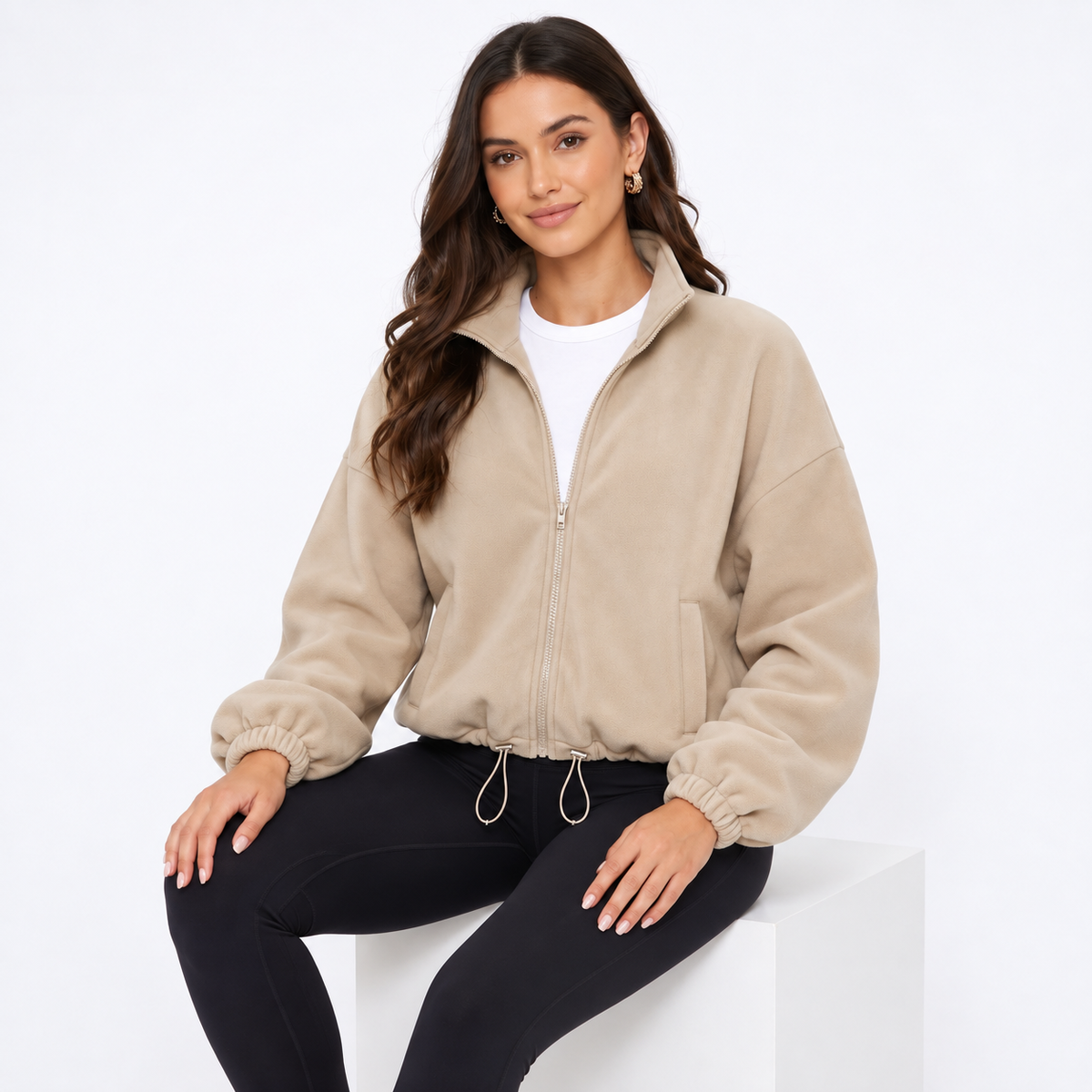 Women's Cropped Fleece Jacket, Full Zip Stand Collar Sweatshirts with Pockets, Drawstring Hem Casual Fall Athletic Outfits