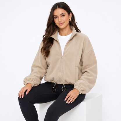 Women's Cropped Fleece Jacket, Full Zip Stand Collar Sweatshirts with Pockets, Drawstring Hem Casual Fall Athletic Outfits