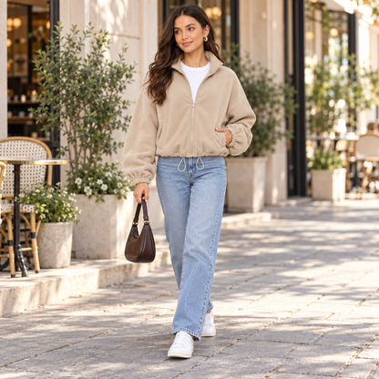Women's Cropped Fleece Jacket, Full Zip Stand Collar Sweatshirts with Pockets, Drawstring Hem Casual Fall Athletic Outfits
