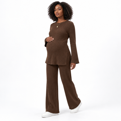 Maternity 2 Piece Lounge Sets, Ribbed Knit Long Sleeve Top and Wide Leg Pants with Pockets, Side Slit Pregnancy Outfits