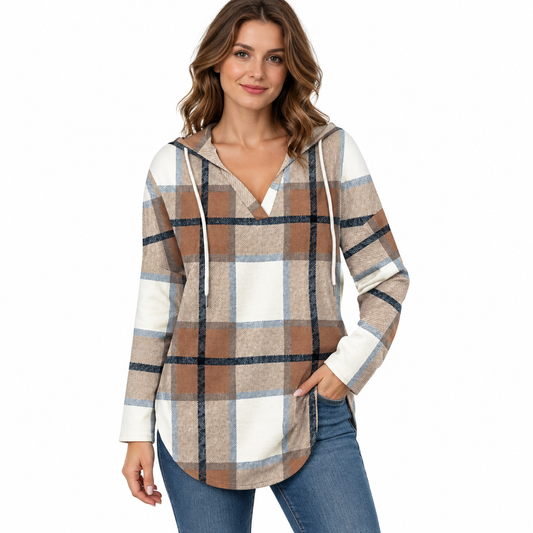 Women's Hoodies, V Neck Long Sleeve Drawstring Pullover Tops, Casual Loose Fit Curved Hem Fall Tunic Sweatshirts