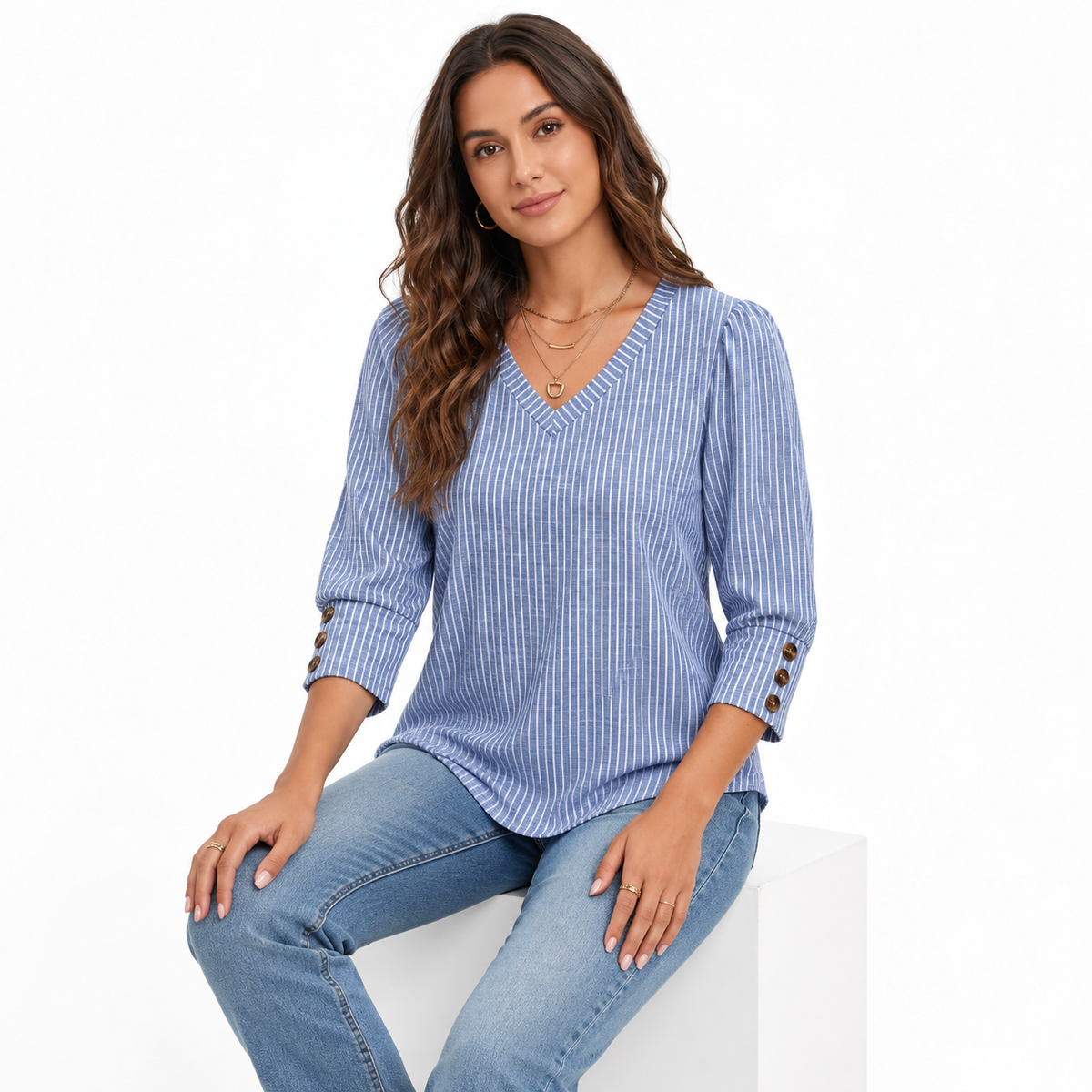 Women's 3/4 Sleeve V Neck Tops, Button Cuff Striped Blouse, Dressy Casual Business Work T-Shirts, Early Fall Outfits