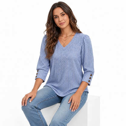 Women's 3/4 Sleeve V Neck Tops, Button Cuff Striped Blouse, Dressy Casual Business Work T-Shirts, Early Fall Outfits