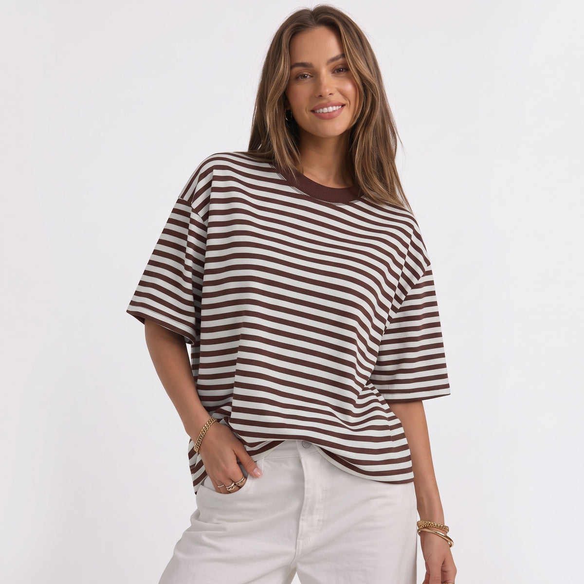 Women's Oversized Striped T-Shirt, Short Sleeve Crewneck Summer Tops, Casual Loose Fit Trendy Contrast Everyday Clothes