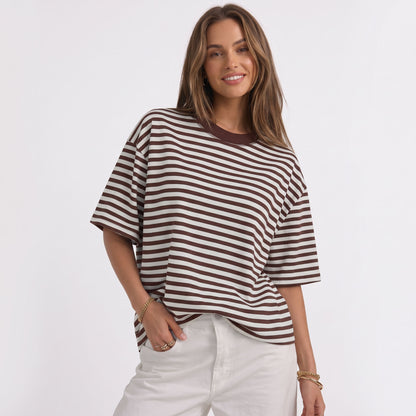 Women's Oversized Striped T-Shirt, Short Sleeve Crewneck Summer Tops, Casual Loose Fit Trendy Contrast Everyday Clothes