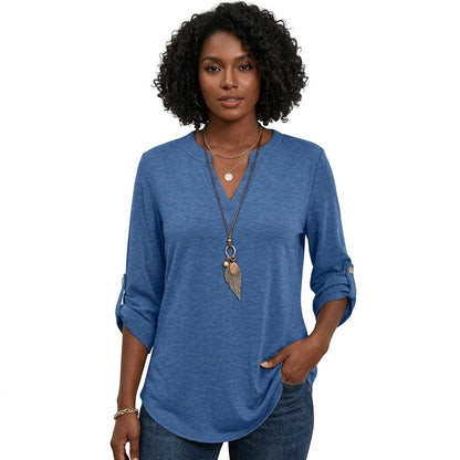 Women's 3/4 Sleeve Tops, V Neck Roll Tab Blouses with Buttons, Business Casual Loose Fit Work Tunic Shirts