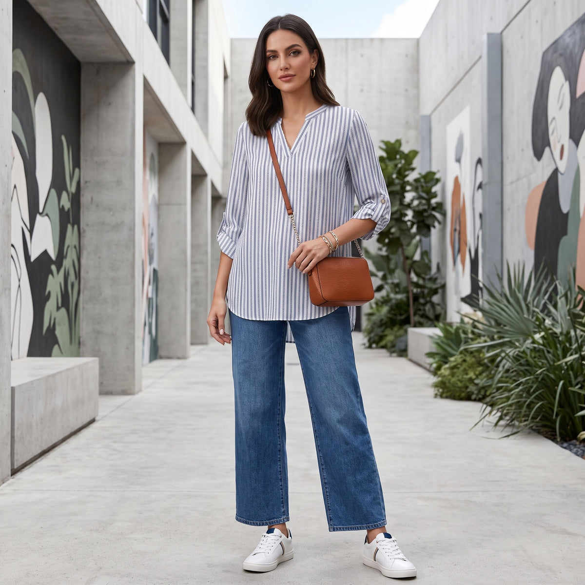 Women's 3/4 Sleeve Tops, V Neck Roll Tab Blouses with Buttons, Business Casual Loose Fit Work Tunic Shirts